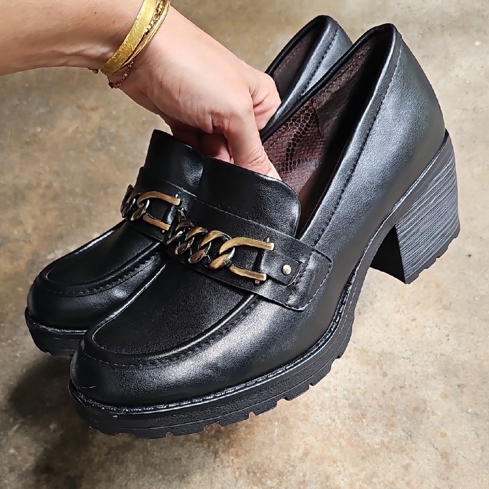 White Mountain Black Cool Girl Loafers with Gold Accent